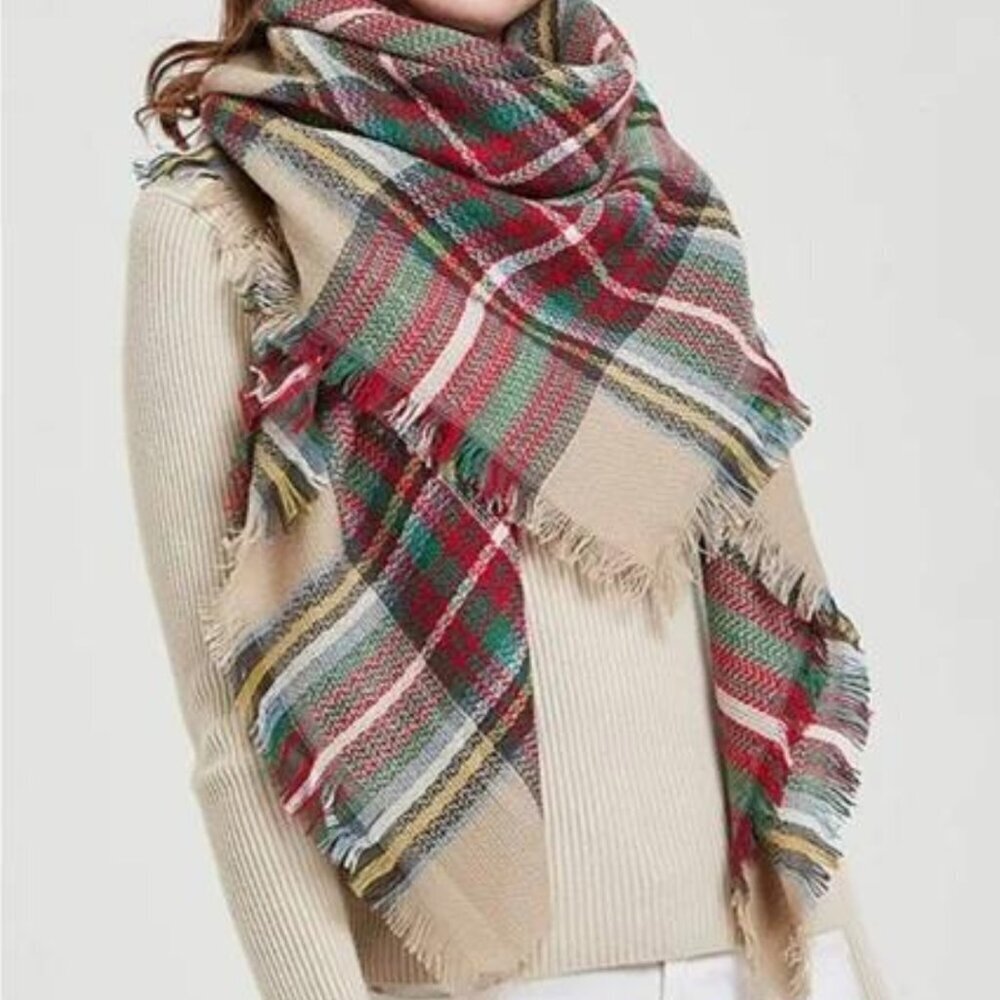 $10 SALE Classic Cozy Tartan Plaid Blanket Scarf Wrap Camel Brown Red OS